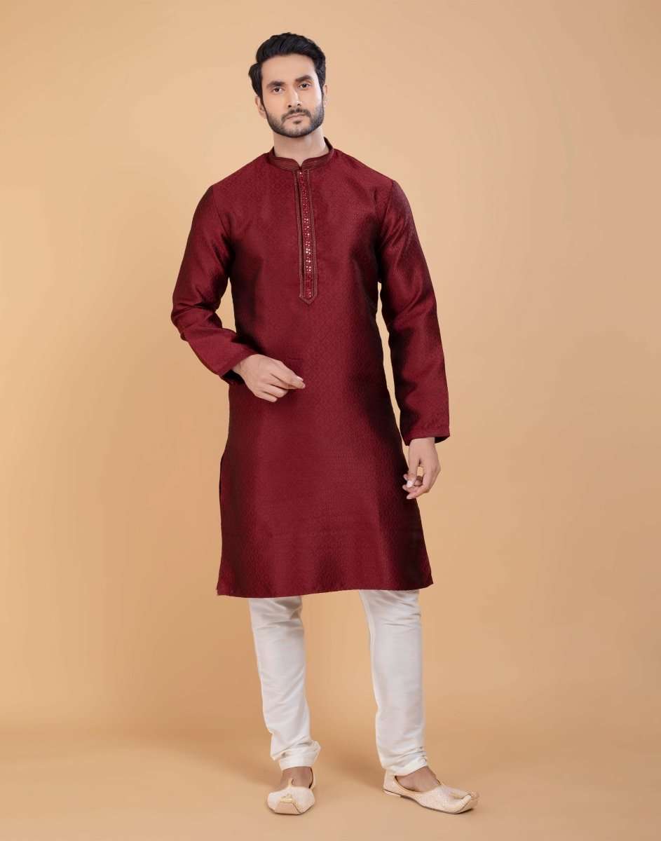 Self Jacquard All Over Printed With Collar Work Kurta Set