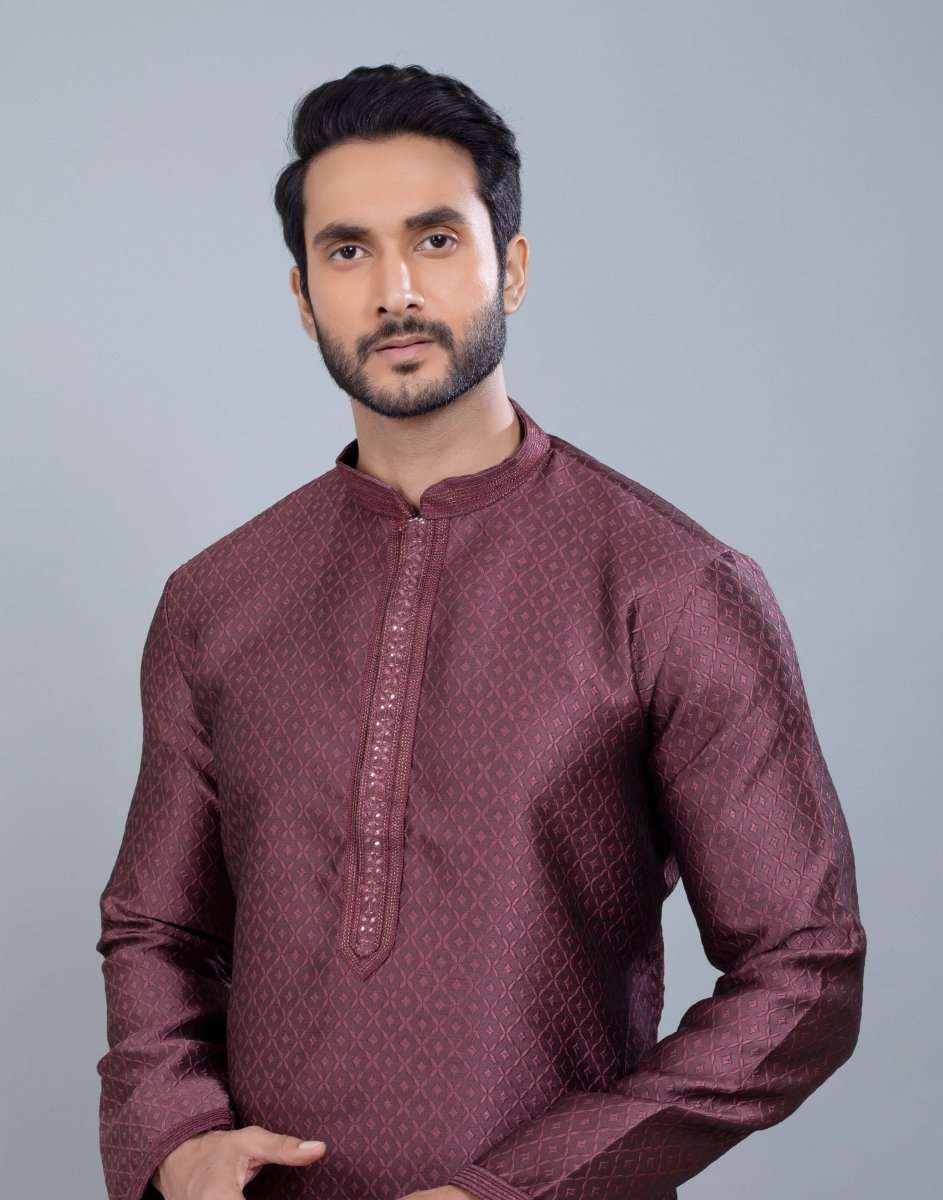 Self Jacquard All Over Printed With Collar Work Kurta Set