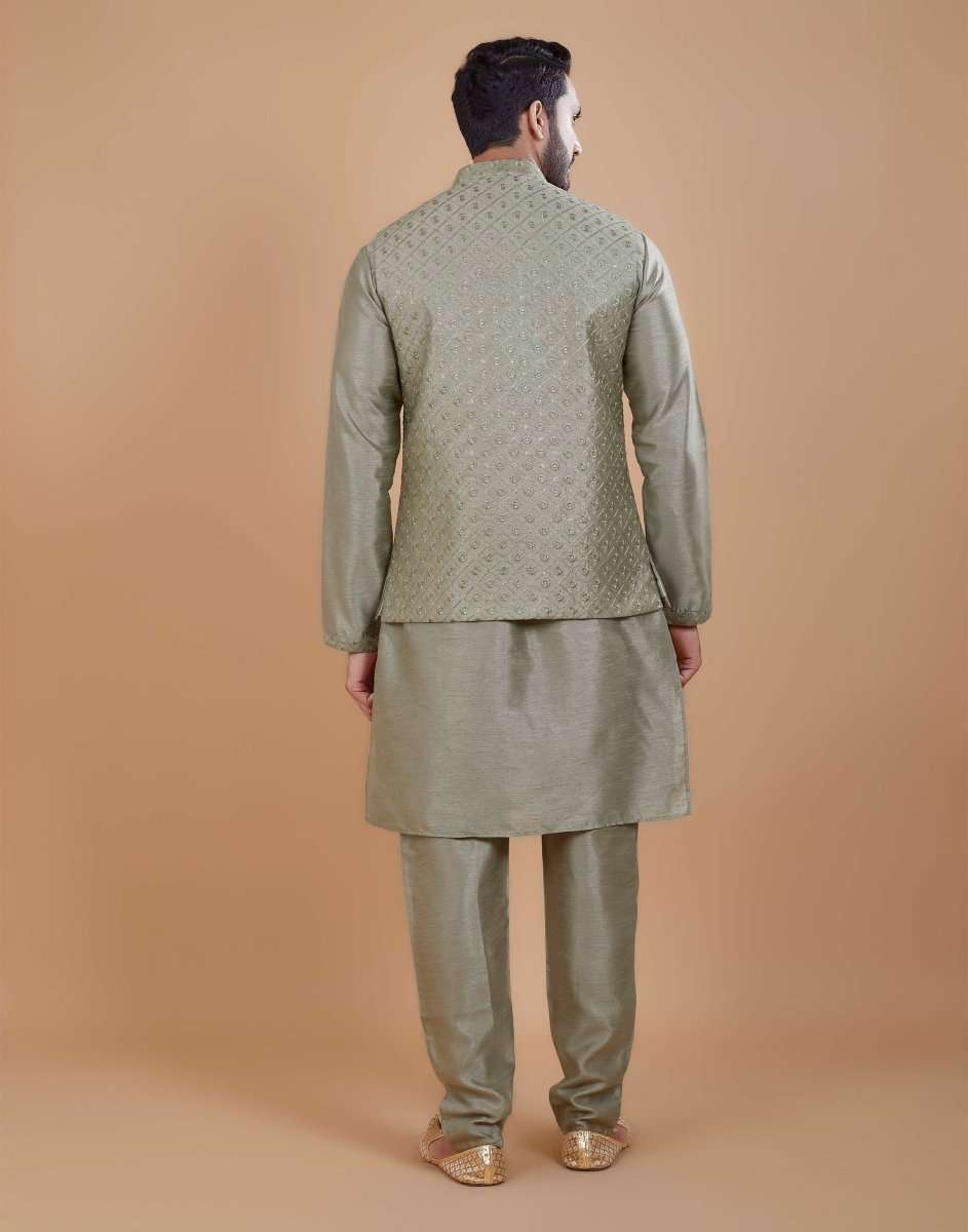 Rawsilk Thread Embroidery Kurta Jacket Set