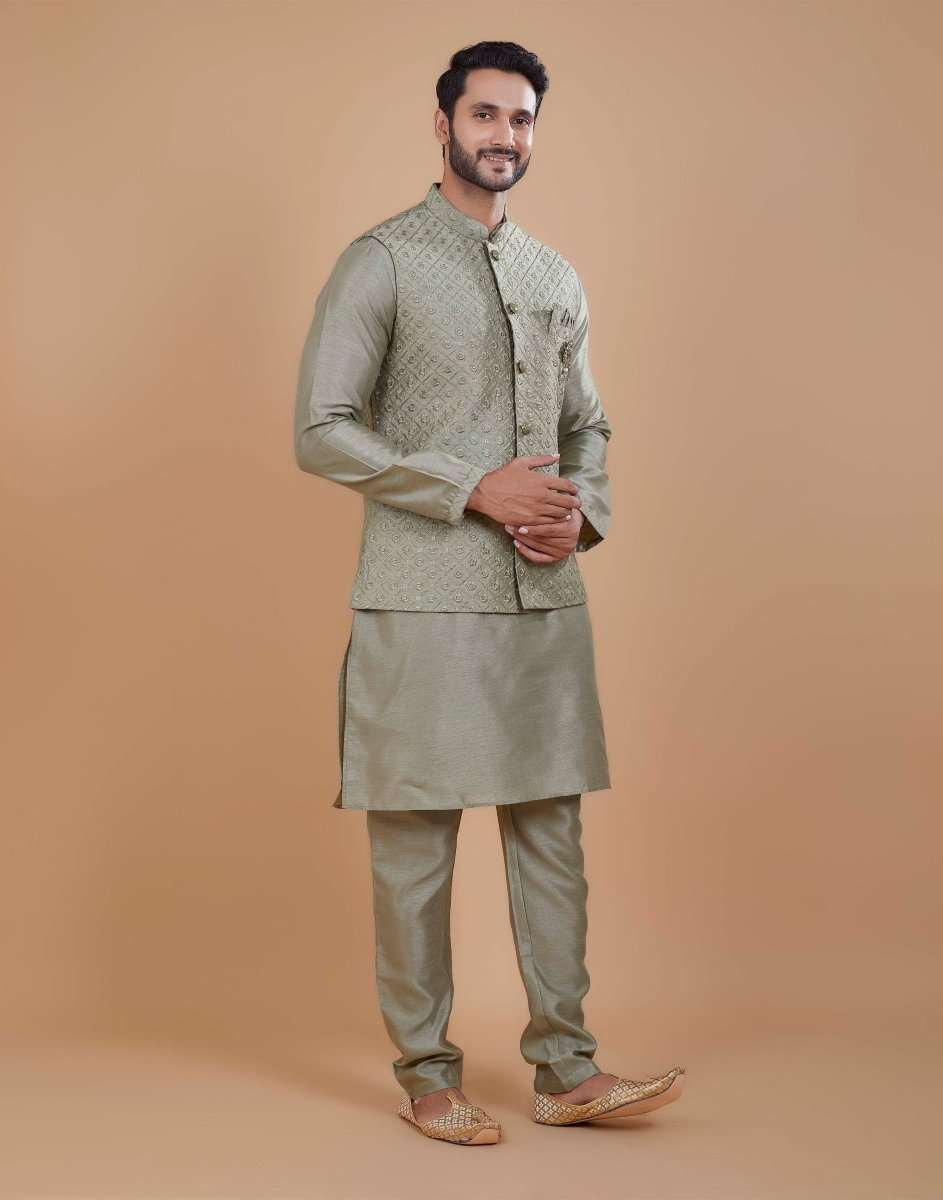 Rawsilk Thread Embroidery Kurta Jacket Set