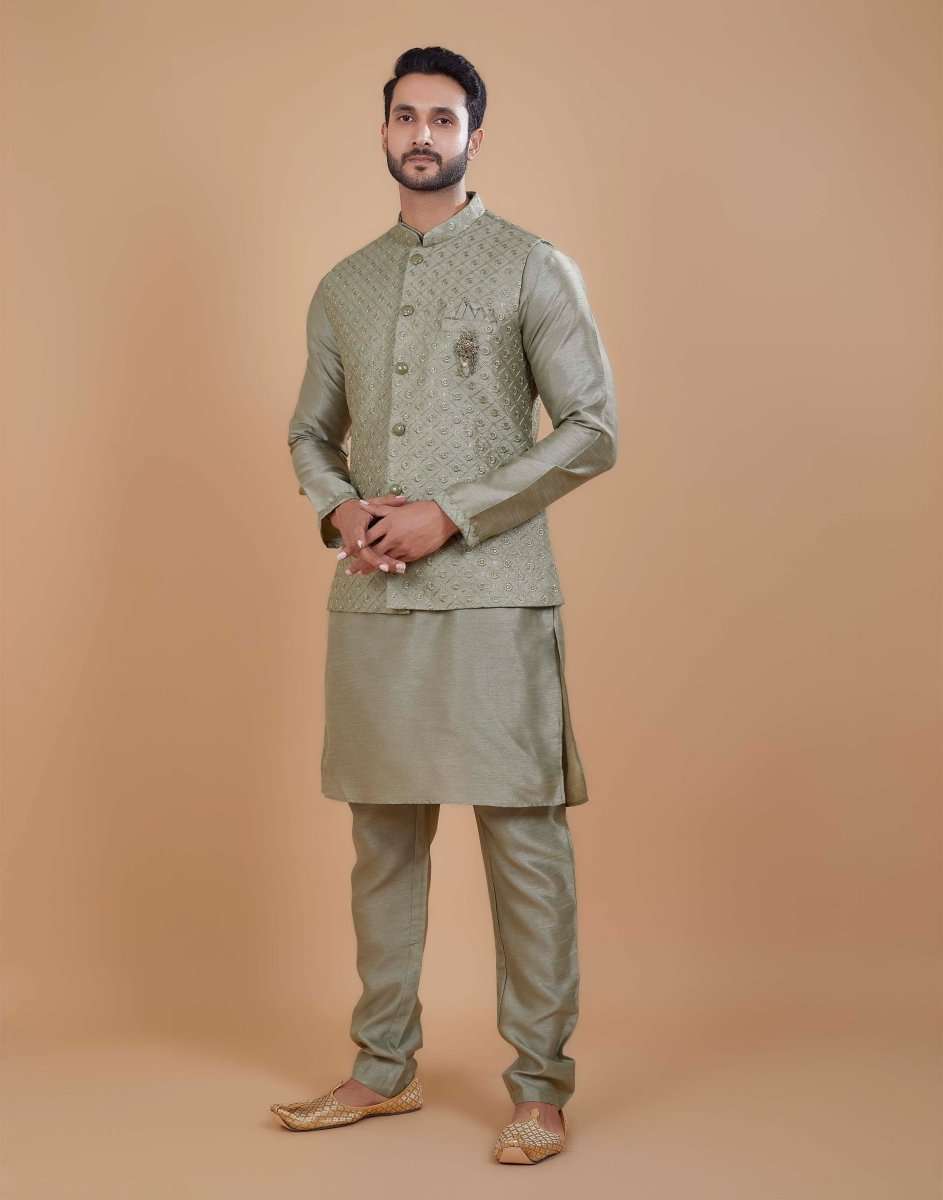 Rawsilk Thread Embroidery Kurta Jacket Set