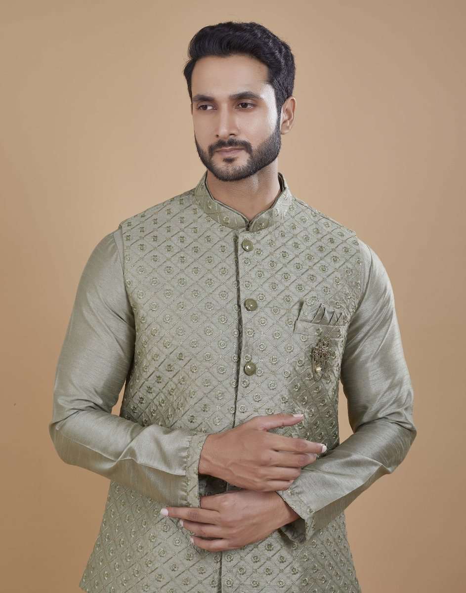 Rawsilk Thread Embroidery Kurta Jacket Set