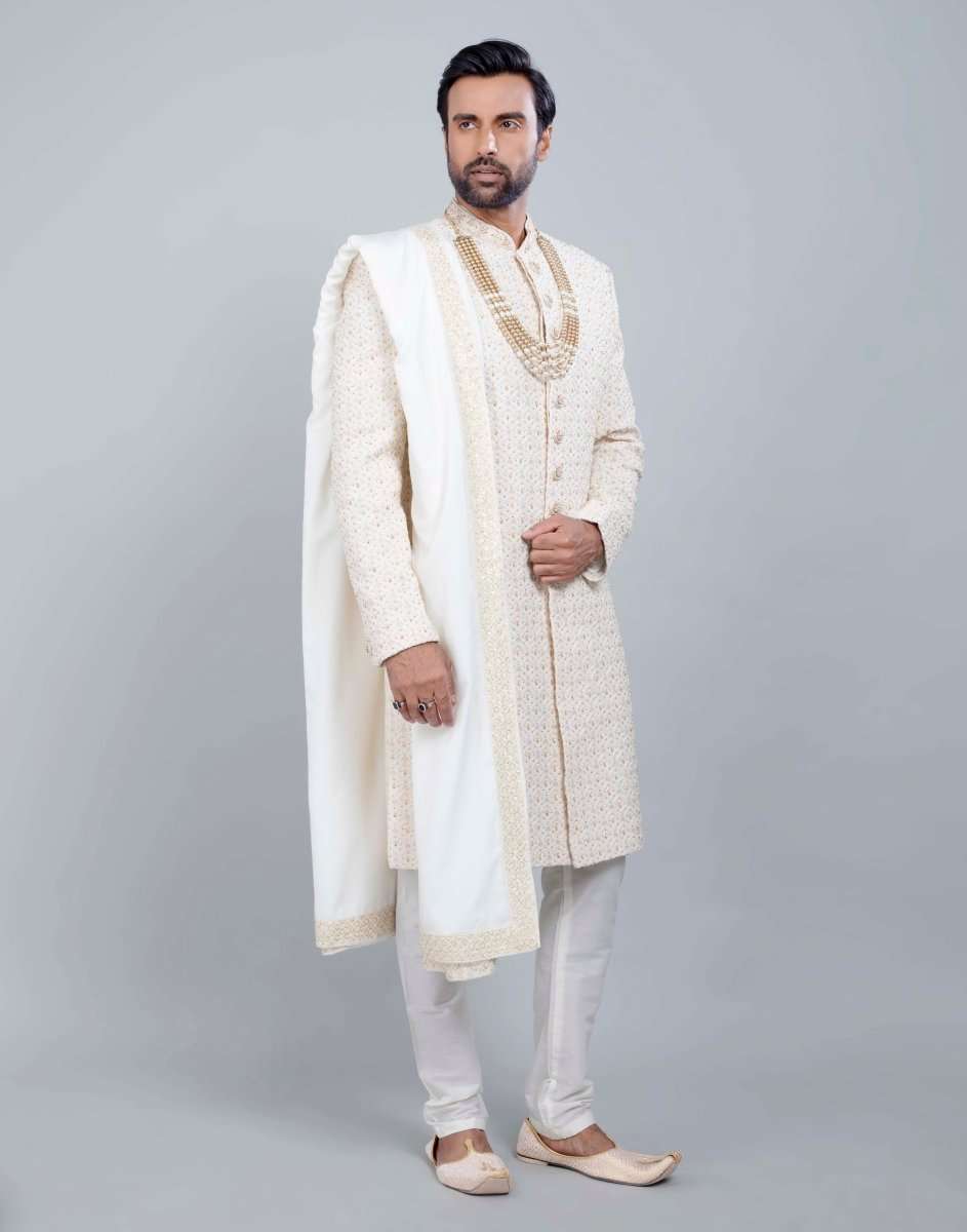 Cream All Over Heavy Work Sherwani