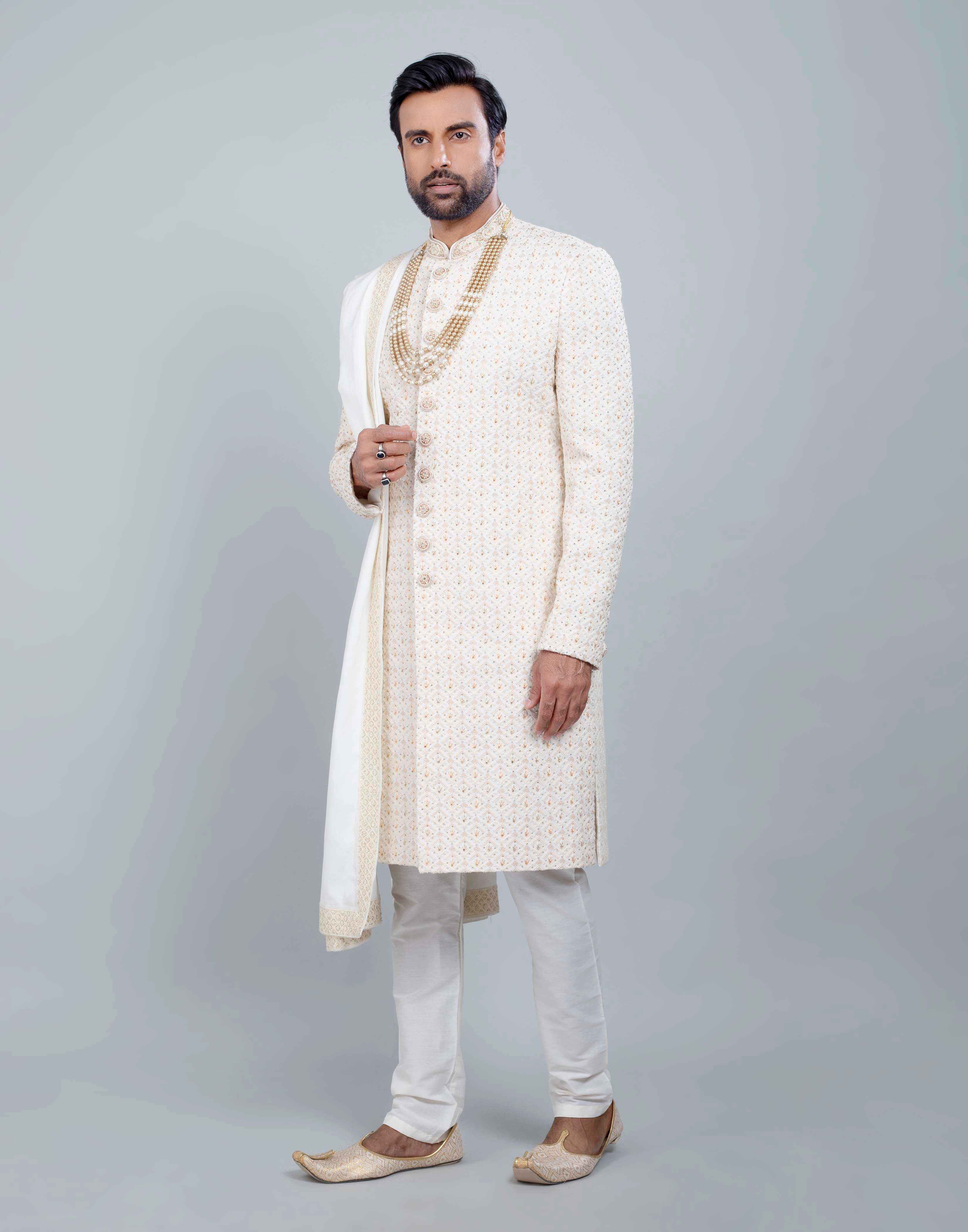 Cream All Over Heavy Work Sherwani