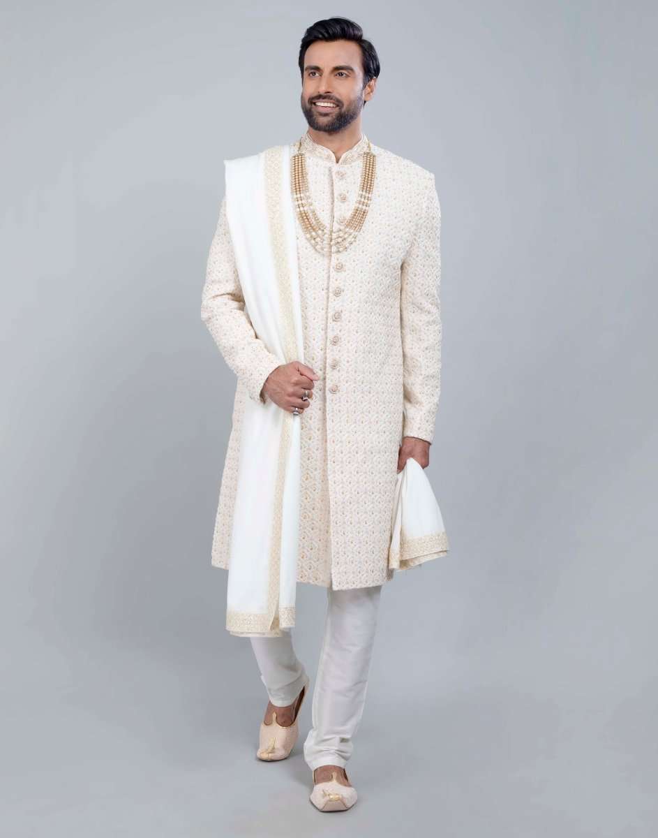 Cream All Over Heavy Work Sherwani