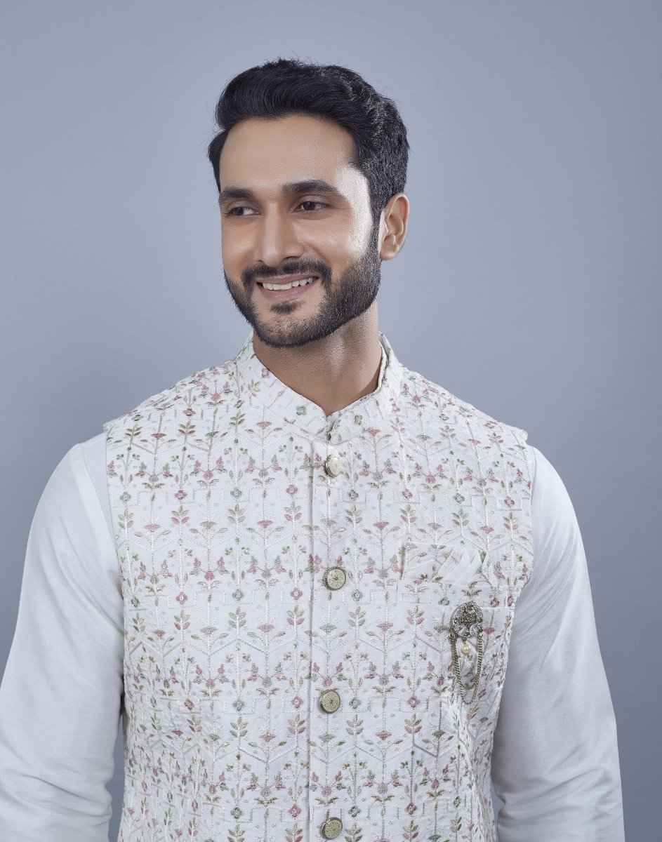 All Over Thread Embroidery Work Kurta Jacket Set