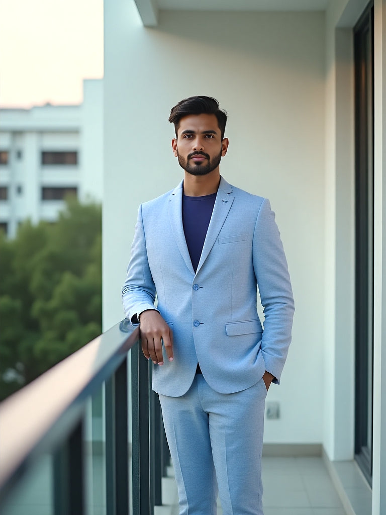 Self Textured Sky Blue Polyester Viscose Blazer