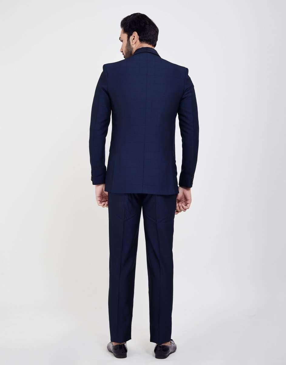 Navy Blue Self Design 5 Pc Tuxido Suit