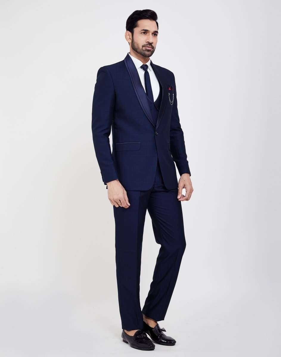 Navy Blue Self Design 5 Pc Tuxido Suit