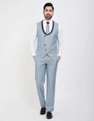 Stylish Sky Blue Self Textured 5 Pc Tuxido Designer Suit