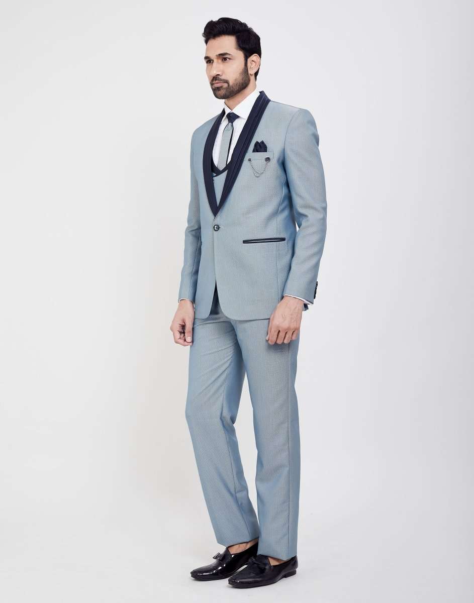 Stylish Sky Blue Self Textured 5 Pc Tuxido Designer Suit