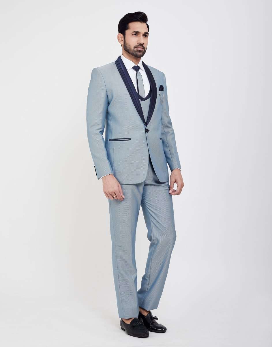 Stylish Sky Blue Self Textured 5 Pc Tuxido Designer Suit