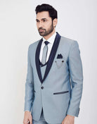 Stylish Sky Blue Self Textured 5 Pc Tuxido Designer Suit