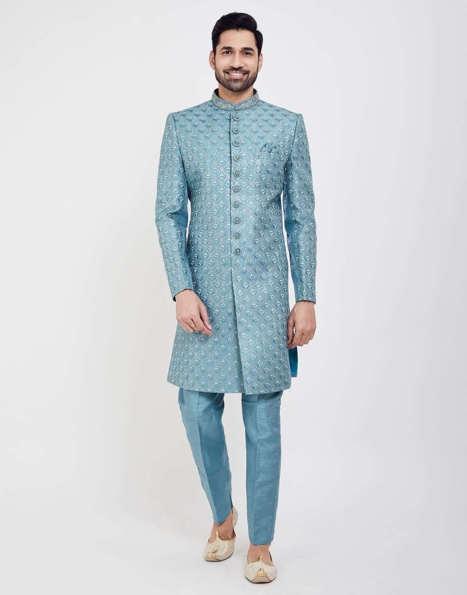 Jacquard Thread And Sequence Work Indo Western Sherwani Set