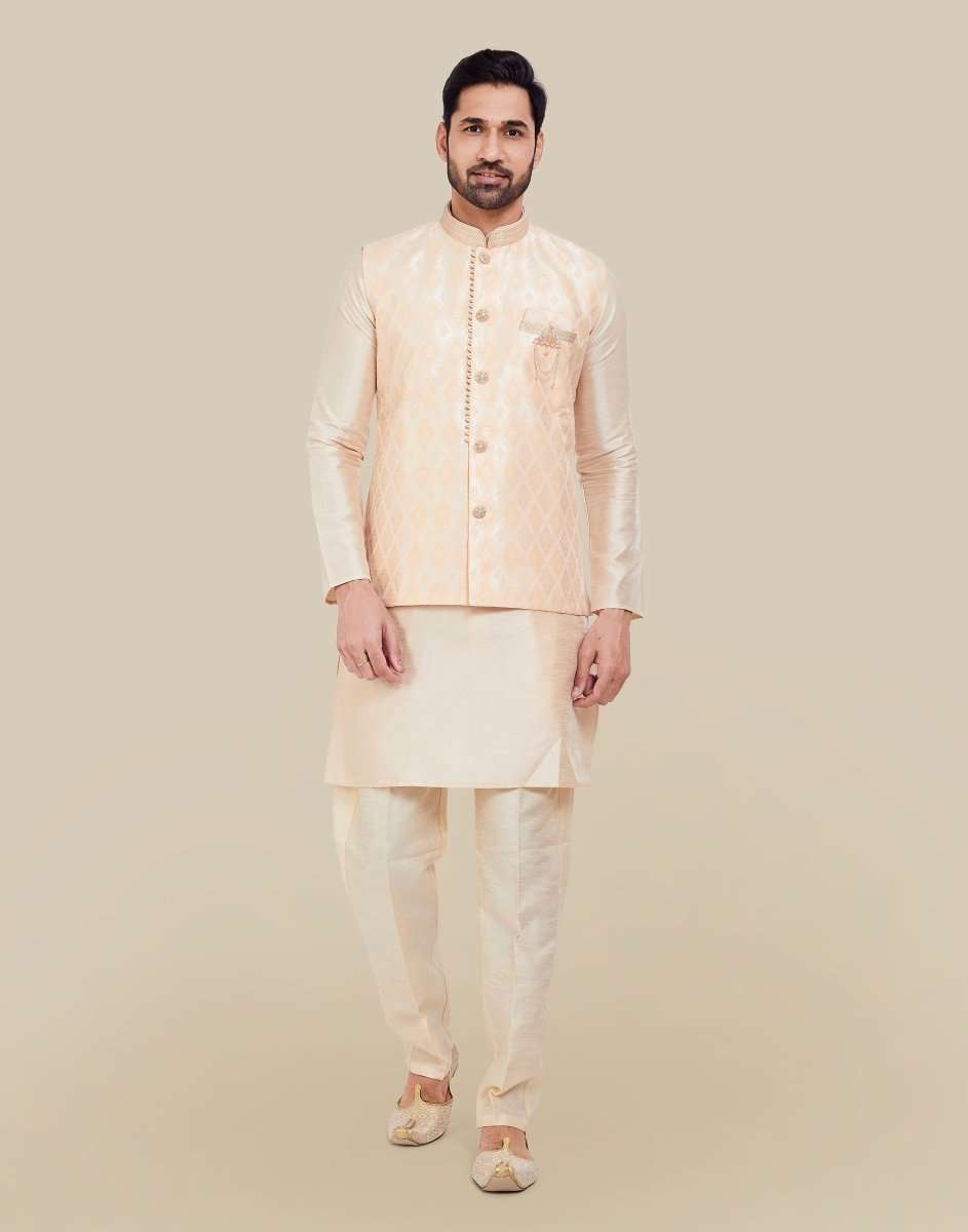 Peach Jacquard With Plain Kurtha Set