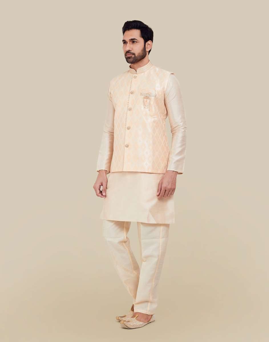 Peach Jacquard With Plain Kurtha Set