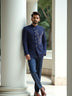Polynosic Solid Navy Blue Cutdana work Bandhgala Suit