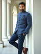 Blue Self Floral Design Jacquard Bandhgala Set