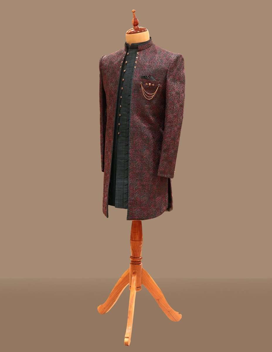 Rama Green & Maroon Self Designed Indo Open Jacket