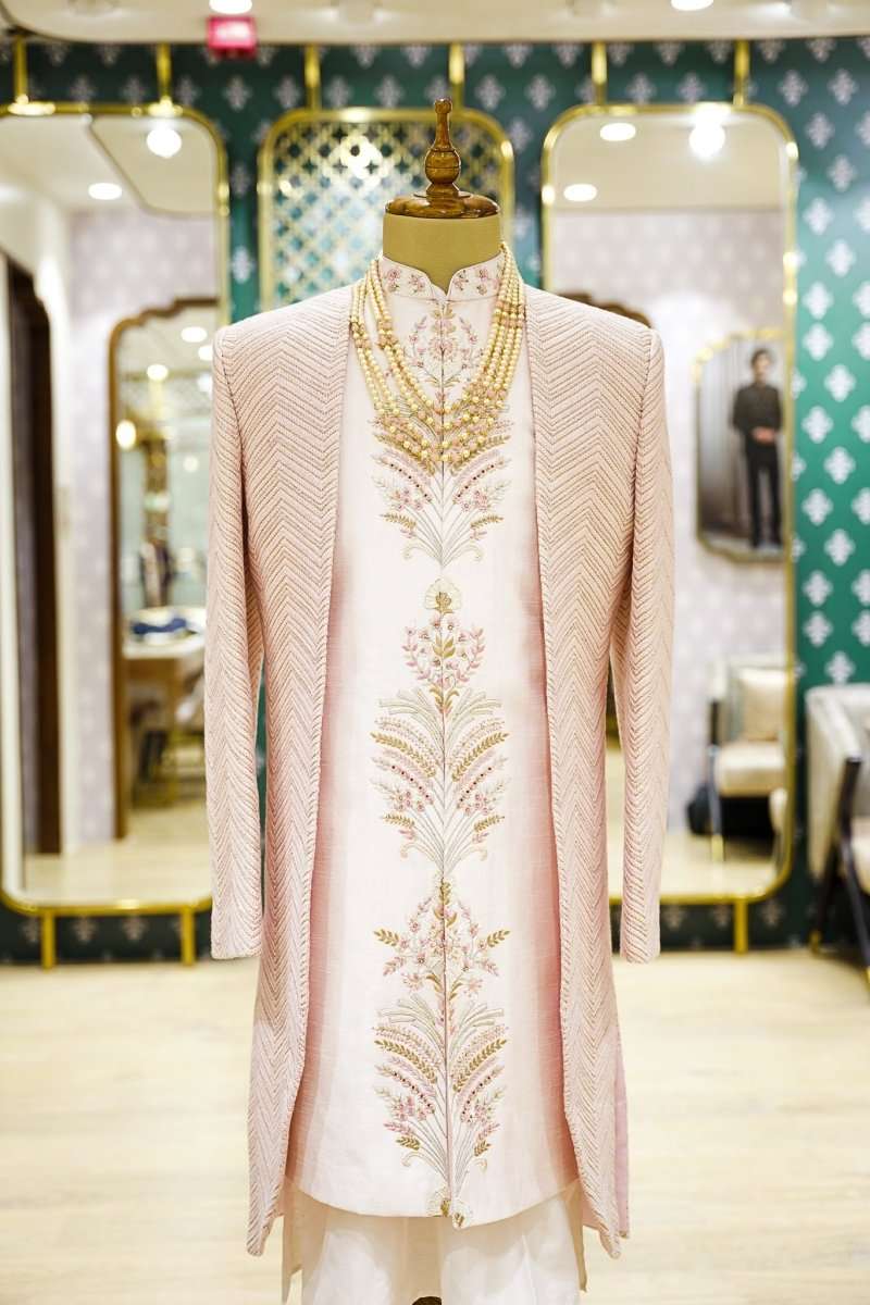 Blush Pink Self Highlighted Brocade And Thread Work Indo Open Jacket Style
