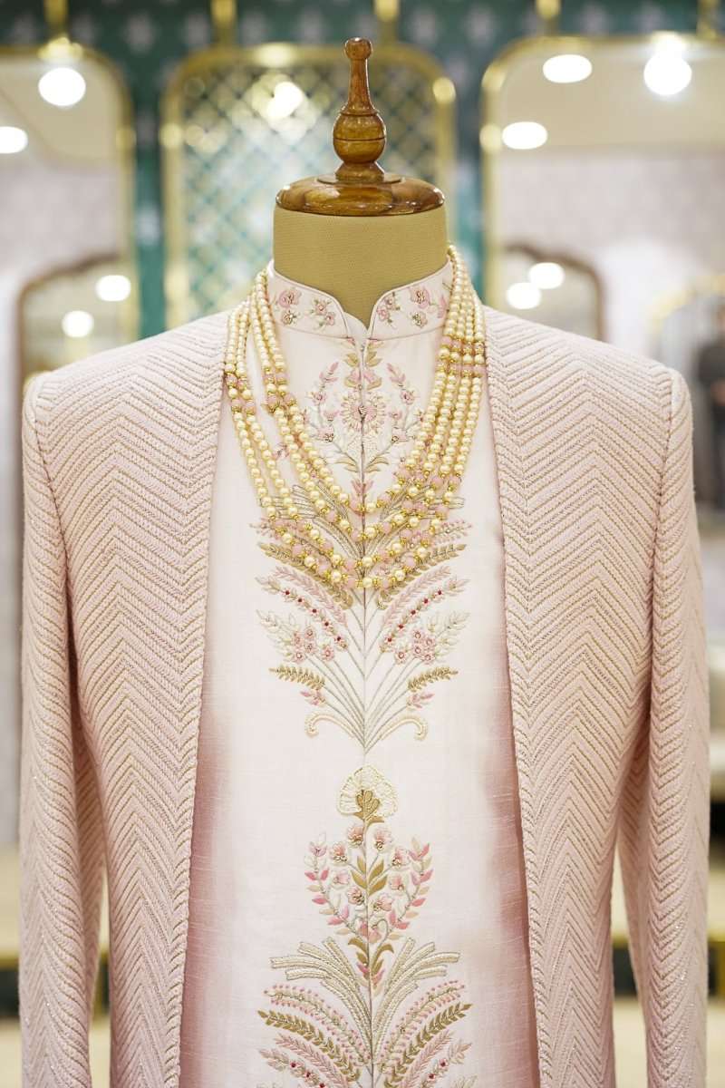 Blush Pink Self Highlighted Brocade And Thread Work Indo Open Jacket Style