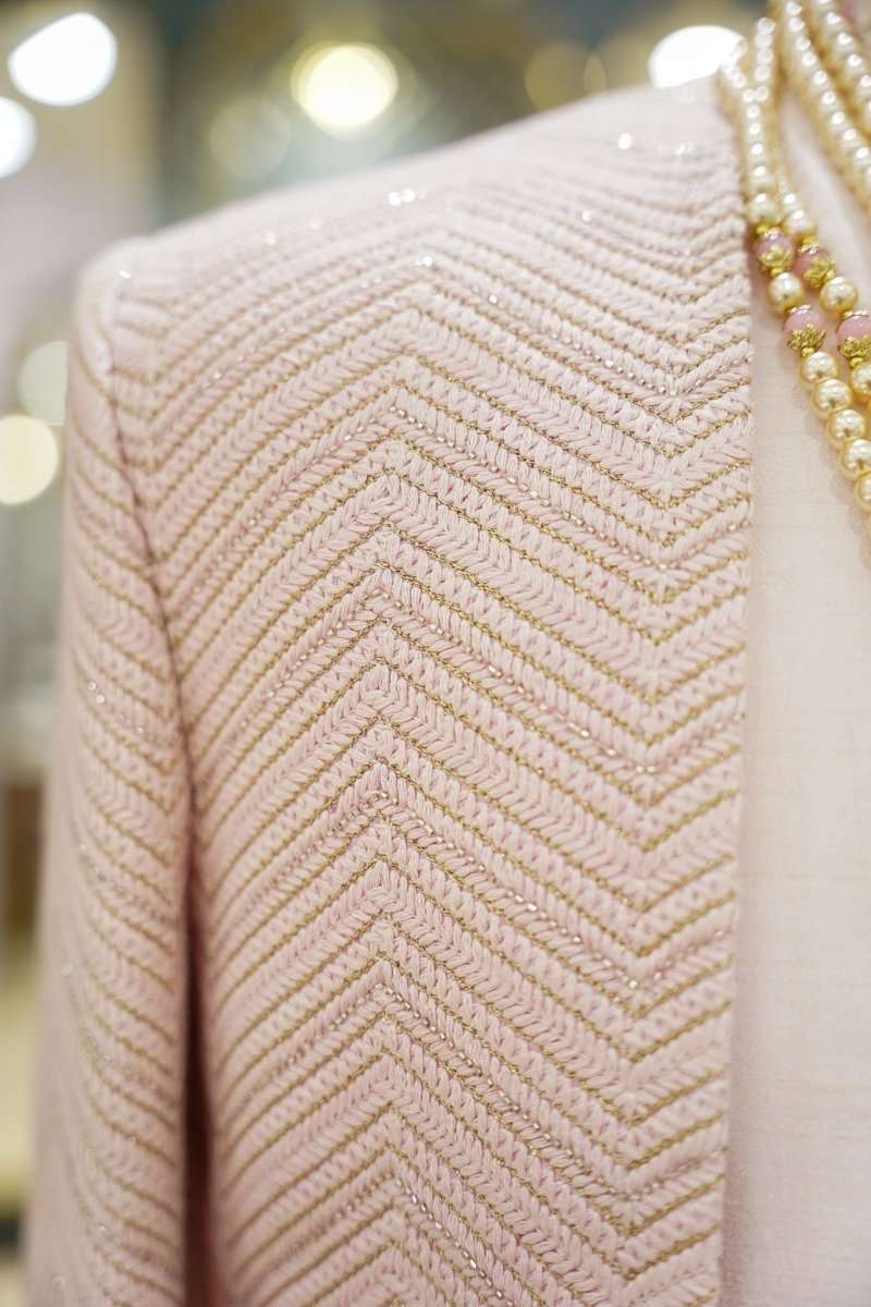 Blush Pink Self Highlighted Brocade And Thread Work Indo Open Jacket Style