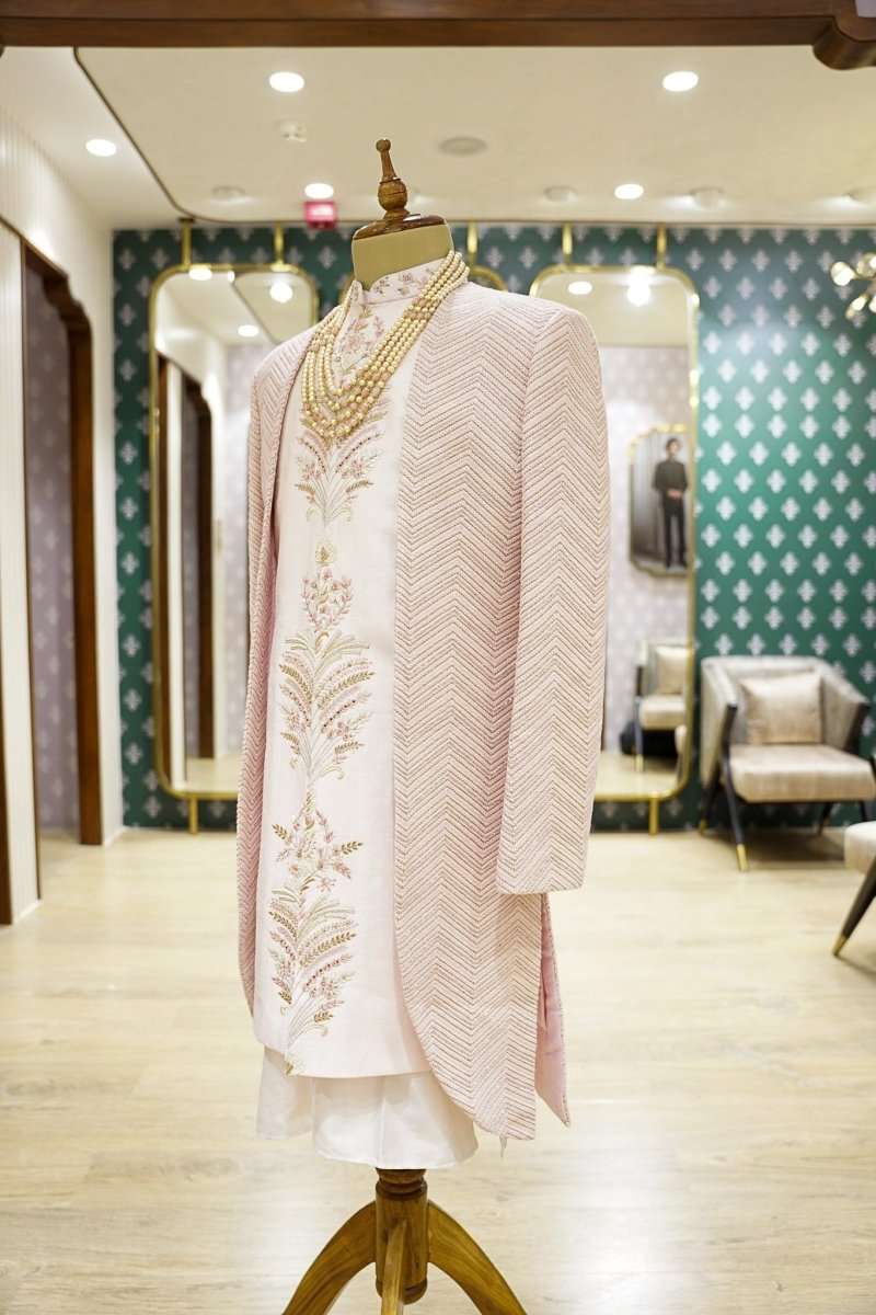 Blush Pink Self Highlighted Brocade And Thread Work Indo Open Jacket Style