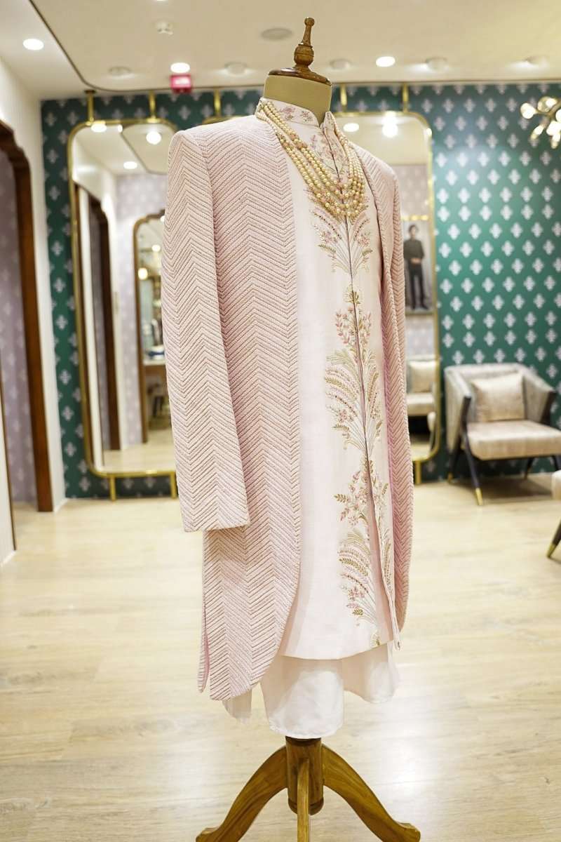 Blush Pink Self Highlighted Brocade And Thread Work Indo Open Jacket Style