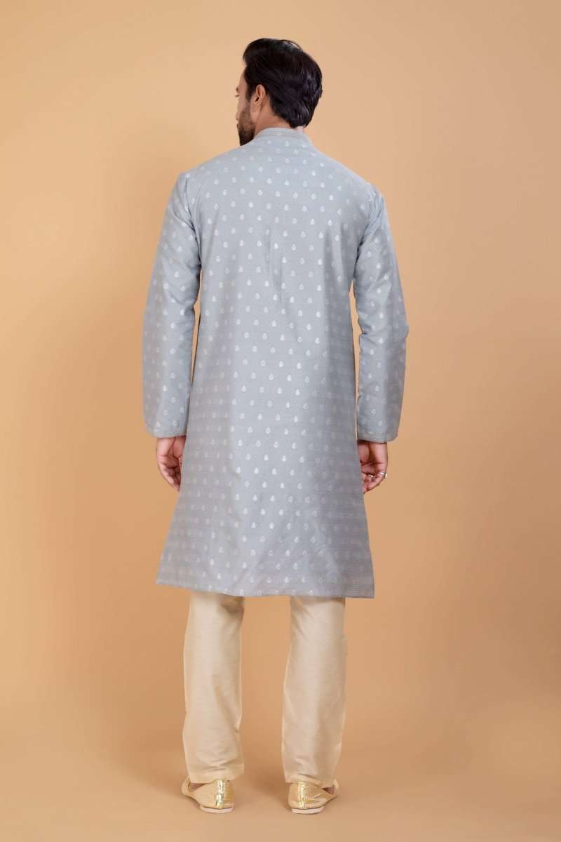 Soft Silk Luxurious Silver Booti Kurta Set