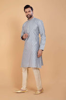 Soft Silk Luxurious Silver Booti Kurta Set