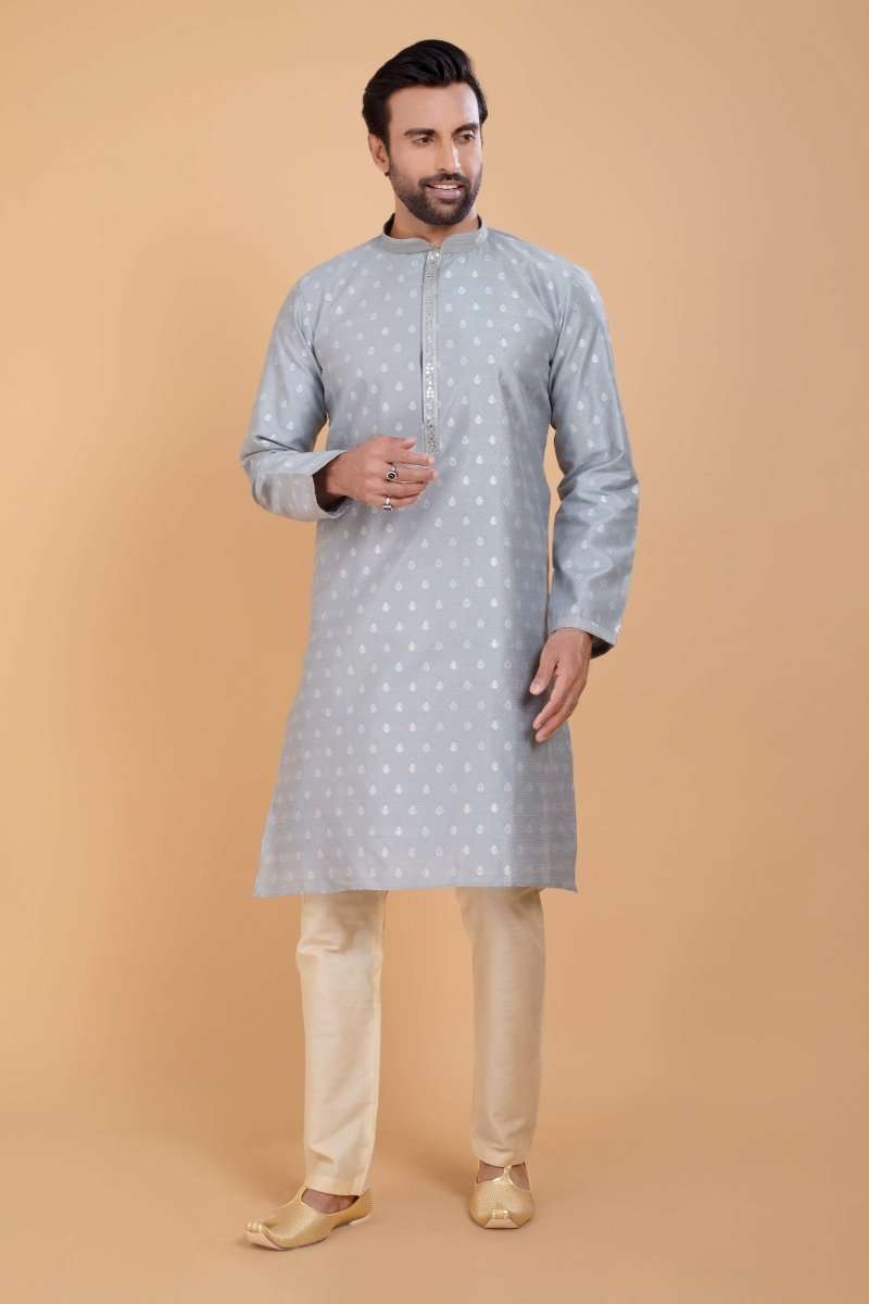 Soft Silk Luxurious Silver Booti Kurta Set