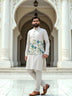 Light Cream Floral Printed Linen Fabric Kurta Jacket Set