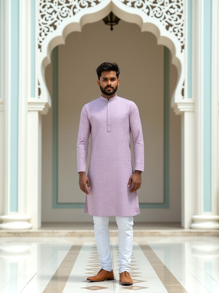 Lavender All Over Self Design Lucknowi Thread and Embroidery Kurta Pyjama Set