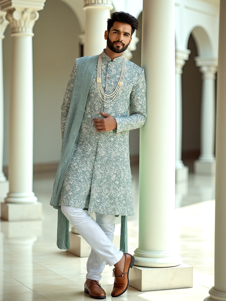 Sea Green Floral Thread Embroidery work Georgette Indo-Western Set with Duppatta