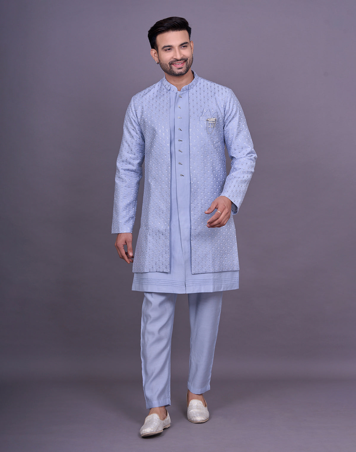 All Over Self Thread Embroidery work Soft Silk Kurta Jacket Set