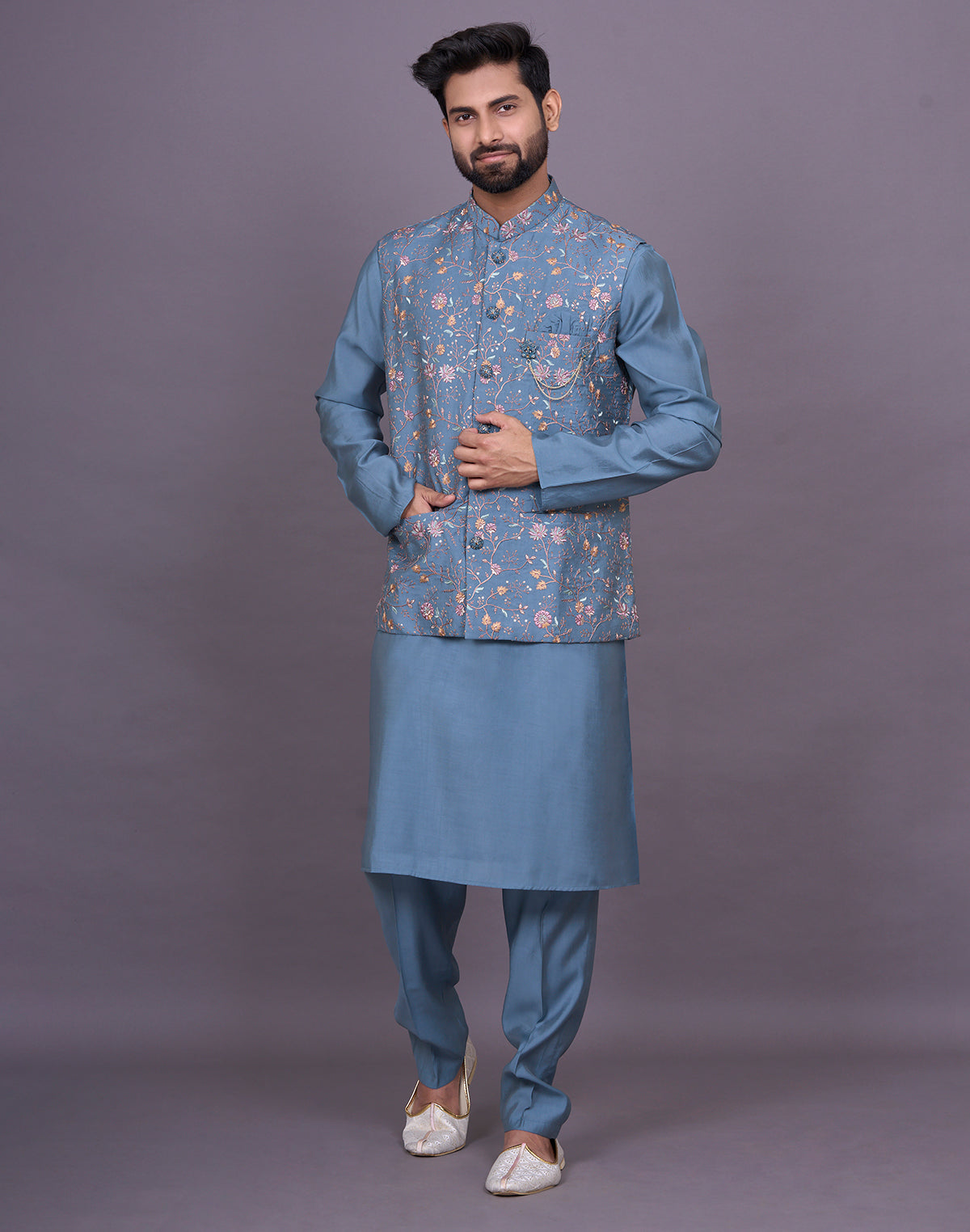 All Over Floral Multi Thread Embroidery work Soft Silk Kurta Jacket Set