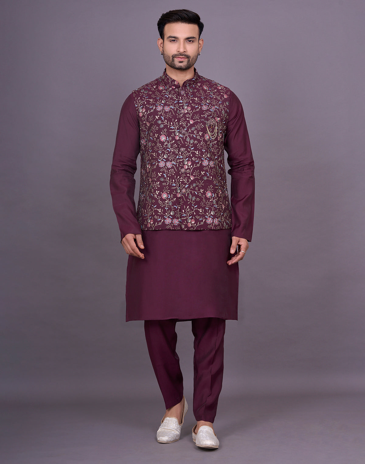 All Over Floral Multi Thread Embroidery work Soft Silk Kurta Jacket Set