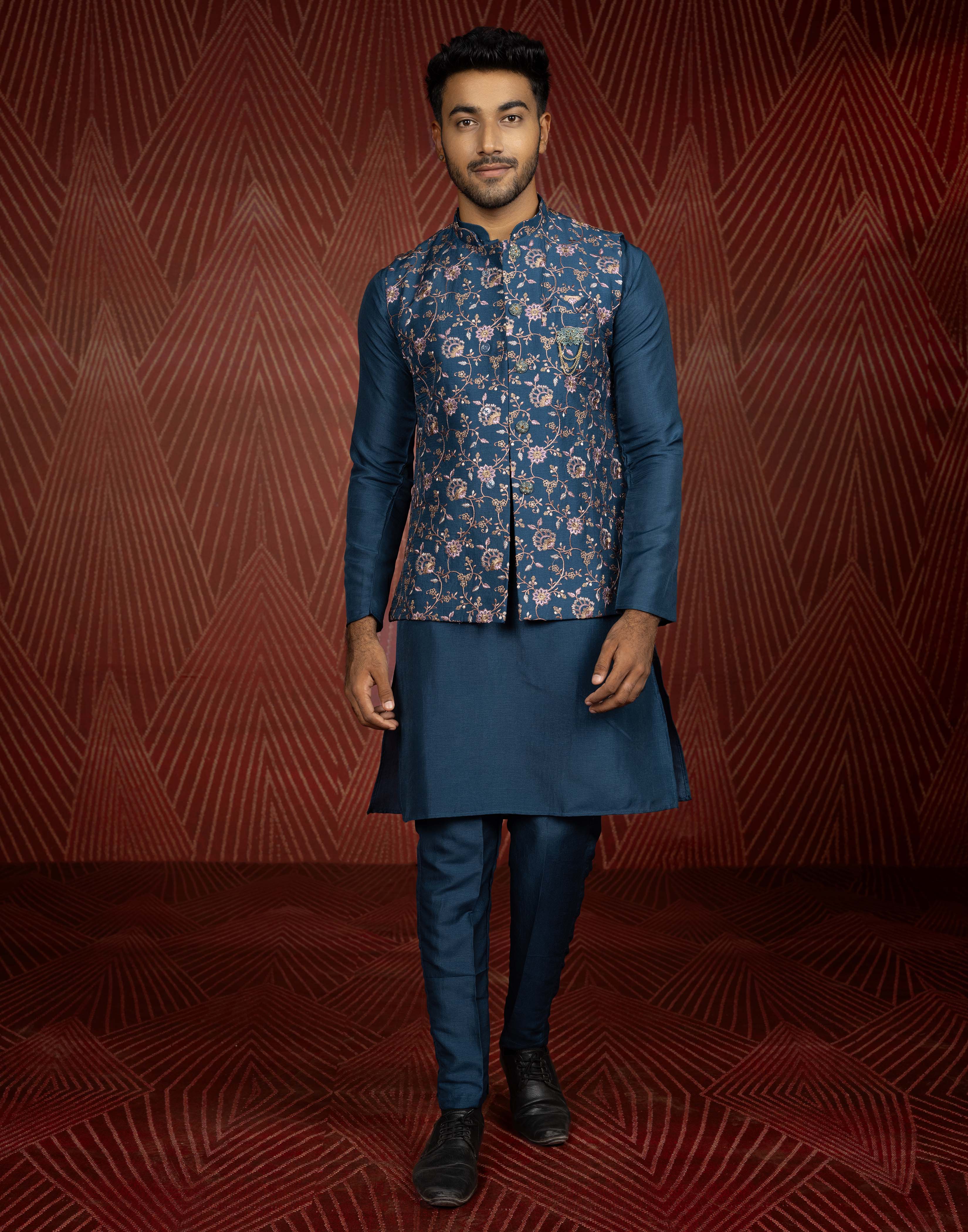 Floral design All Over Elegant Embroidery work Jacquard Kurta Jacket Set