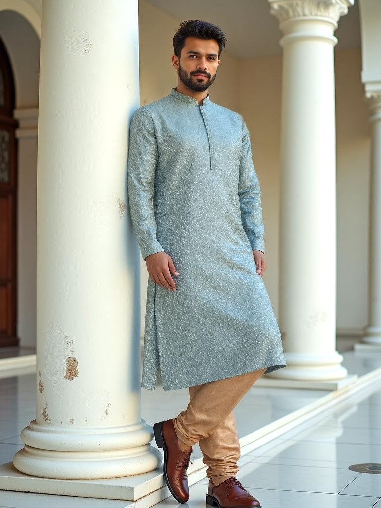 Light Grey Checks Small Bootis Jacquard Kurta Pyjama Set