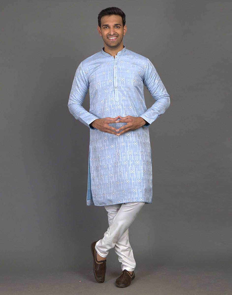 All Over Sky Floral Weaving work Elegant Kurta Pyjama Set