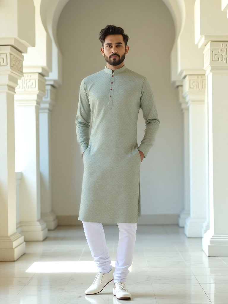 Cotton Self Patterned Weaving Kurta Pyjama Set