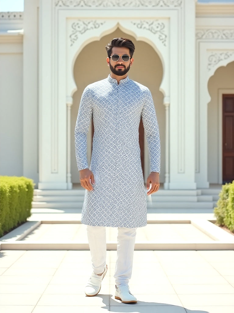 Ink Blue Floral Design Cotton Straight Kurta with Pyjama