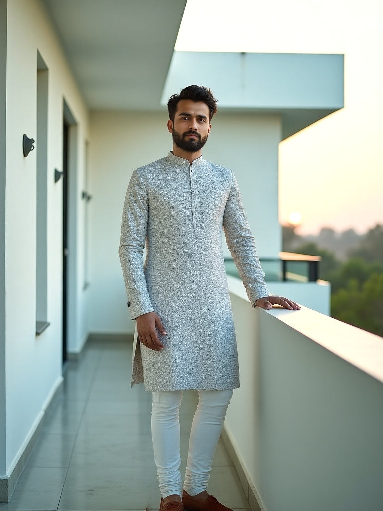 Light Grey Floral Brocade Design Jacquard Kurta Pajama
