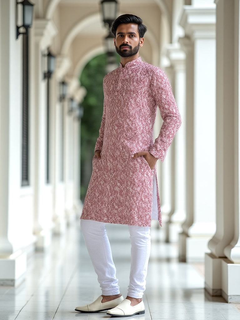 Coral Pink Floral Printed Cotton Kurta and Pyjama Set