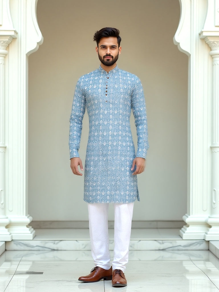 Grey Floral Ethnic Motifs Cotton Kurta Set