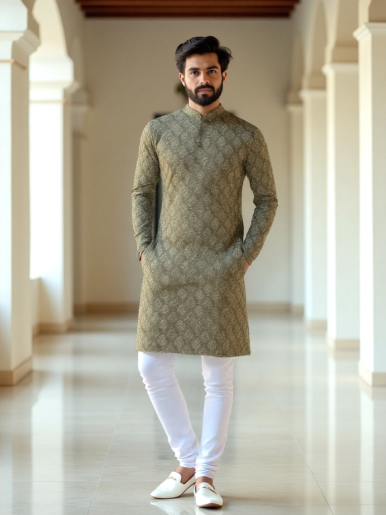 Mehendi Color Floral Bunches Cotton Printed Kurta Pajamas