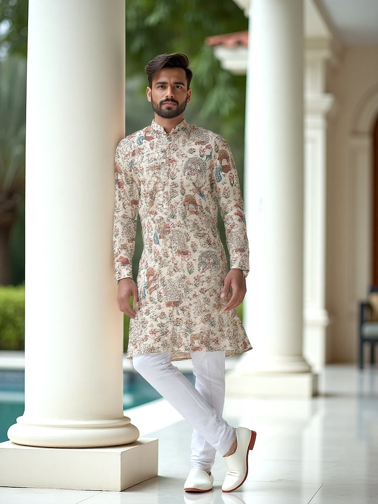 Floral Motifs with Animal Print Fawn Colour Kurta Pyjama