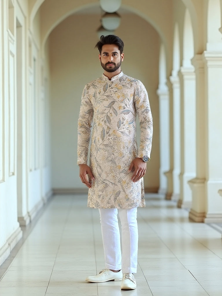 Cotton Digital Floral Printed Cream Kurta Set