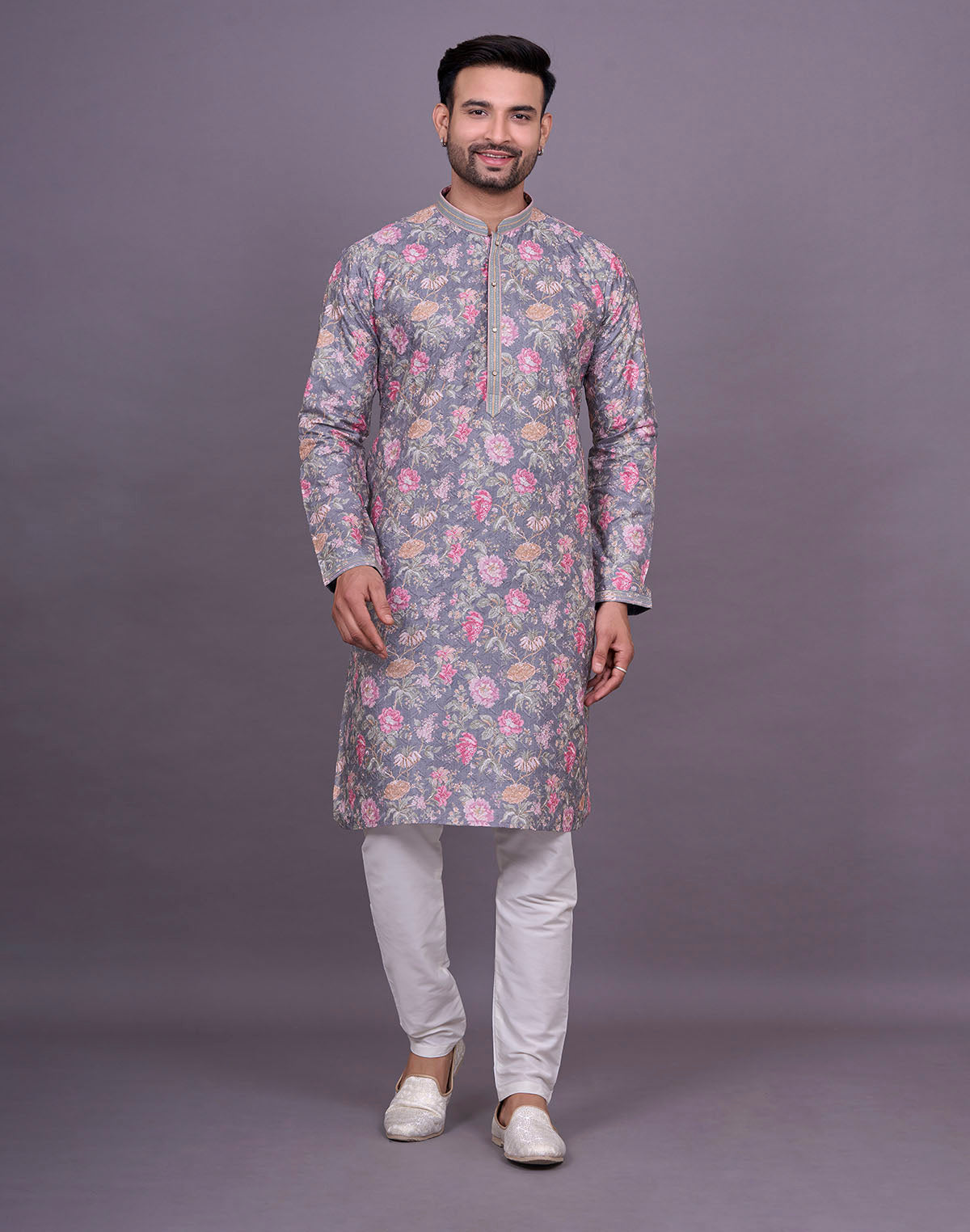 Graceful Floral Print Raw Silk Kurta Pyjama Set