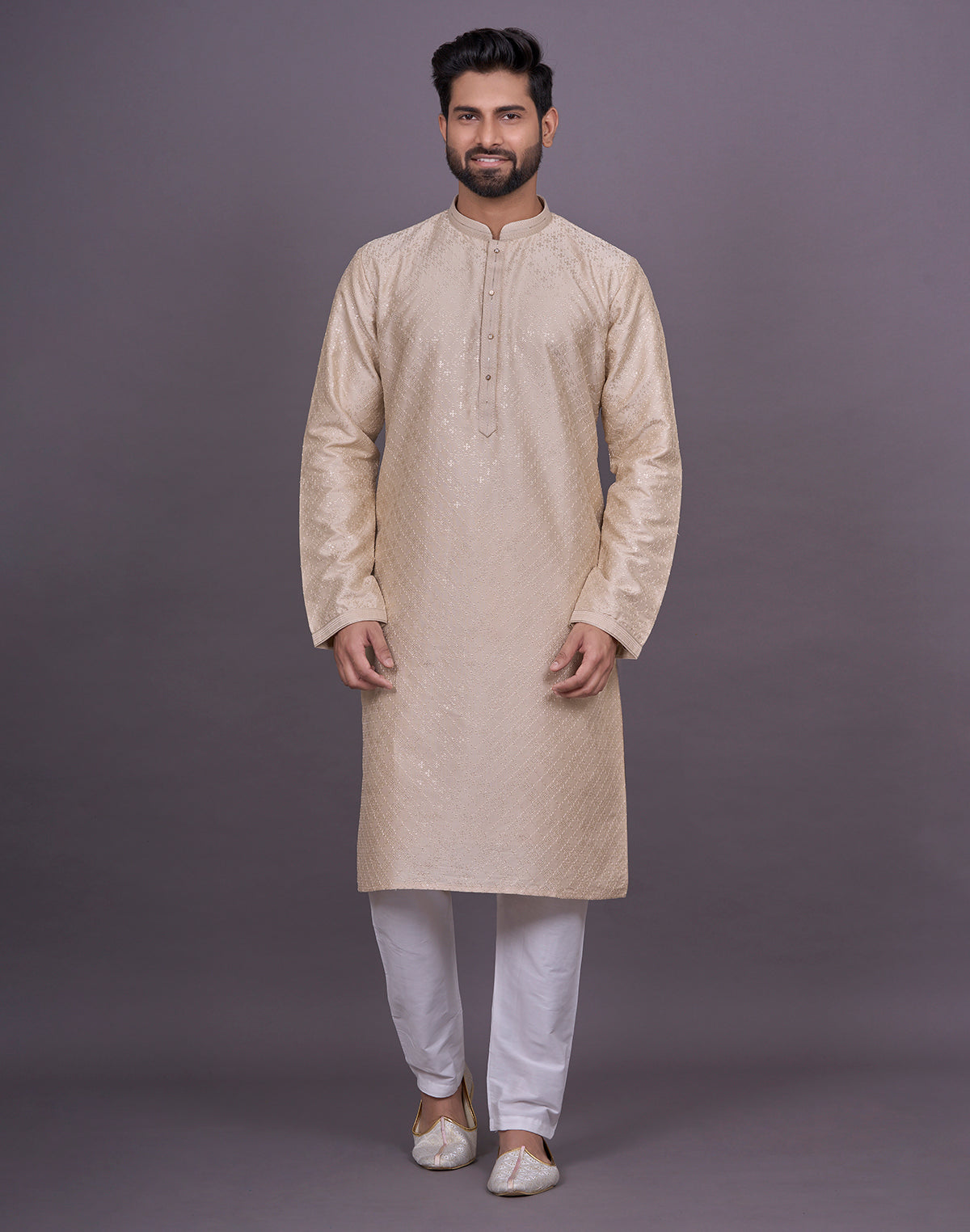 Cream Self Thread with Embellished work Soft Silk Kurta Pyjama Set